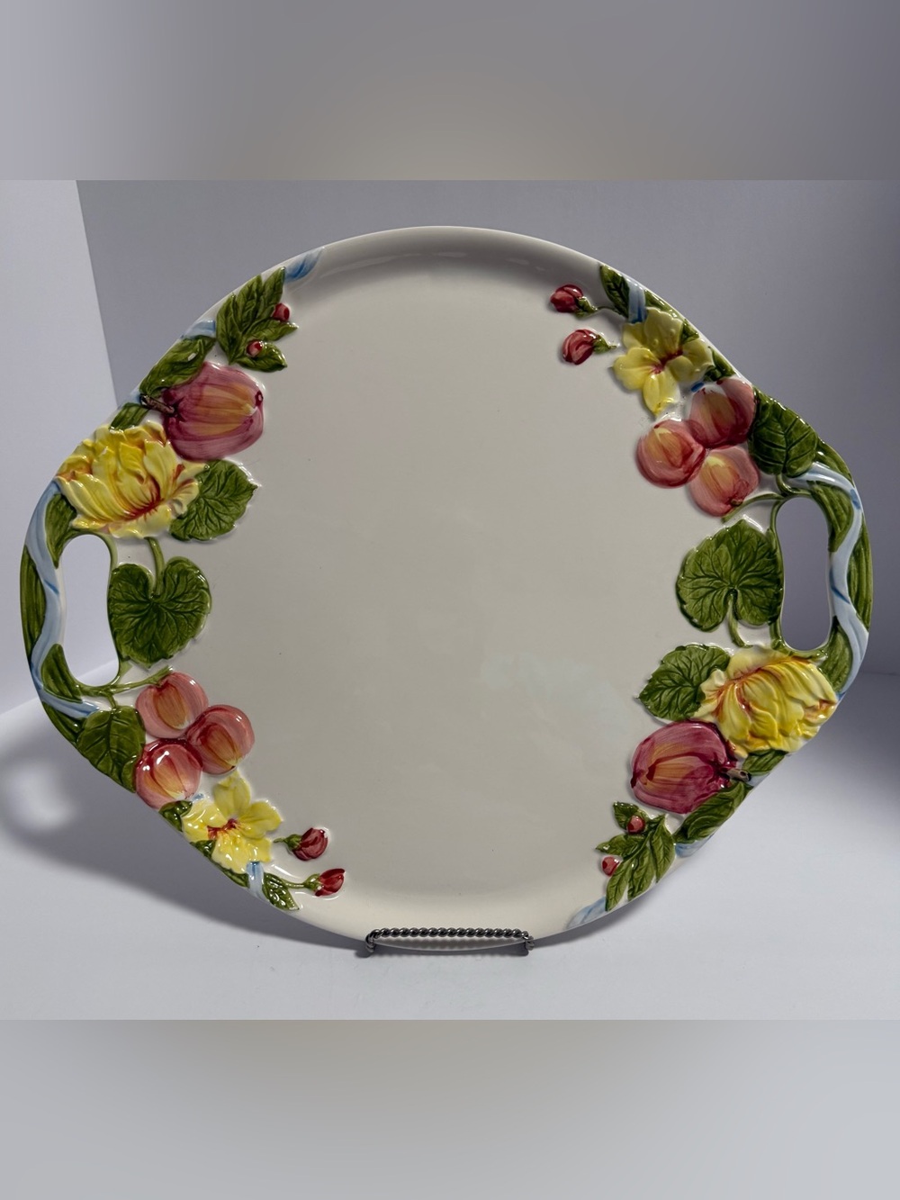 Vintage Japan Majolica Ceramic Fruit & Floral Handled Platter Tray⁠